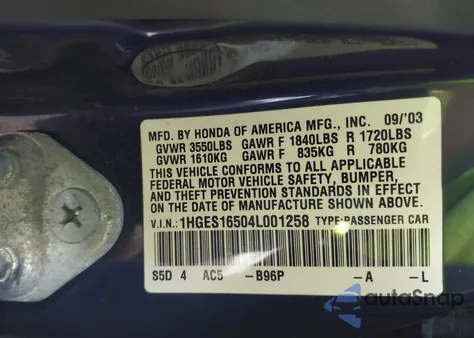 2004 Honda Civic Lx from USA, damaged, VIN 1HGES16504L001258